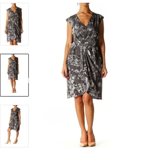 LOFT Gray Casual Fit & Flare faux wrap mini dress gray neutral 6 corpcore office - Picture 1 of 13